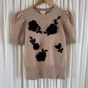 Kate Spade Floral Applique Sweater Short Sleeve Size XS Tan Black Flower Fall